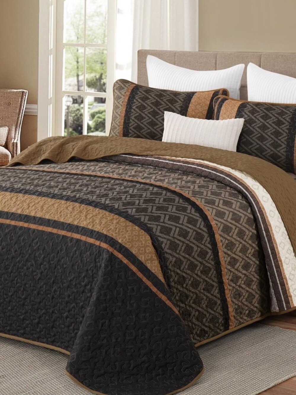 Boho Queen Quilt Set, Striped Fall Soft Bedspreads, Brown
